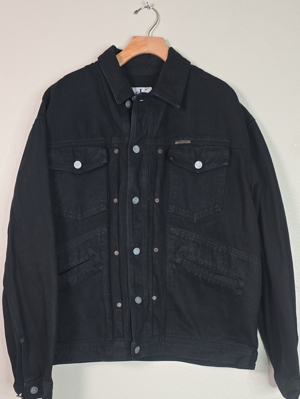 Vintage Calvin  Klein Black Denim Utility Chest  Pockets Truncker Jacket Size L.